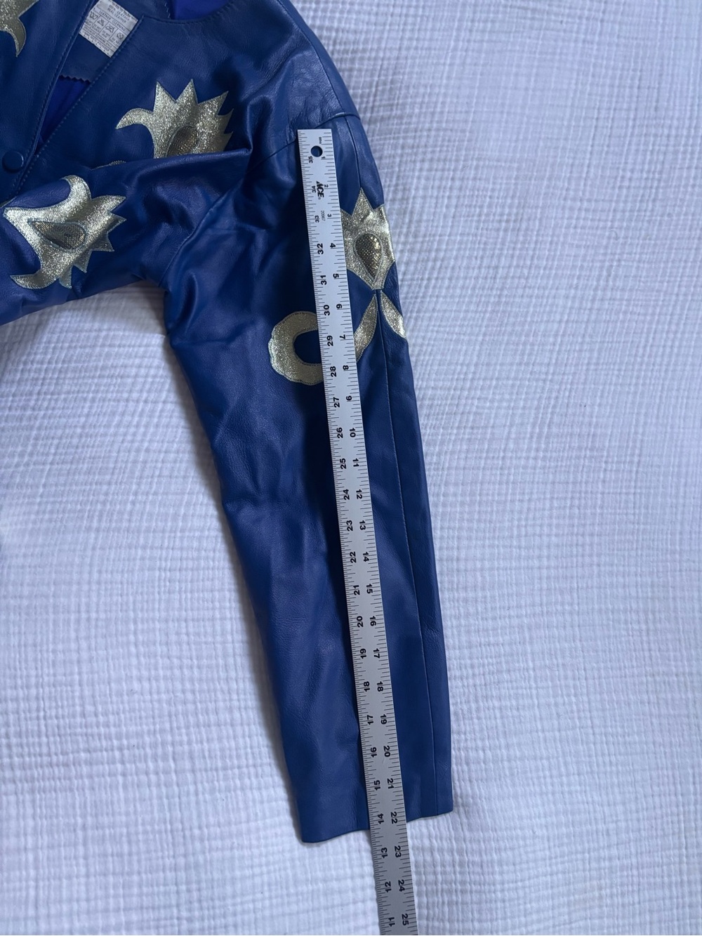 Vintage Blue Leather Skirt and Jacket Set with Gold Appliqué - Picture 11 of 16